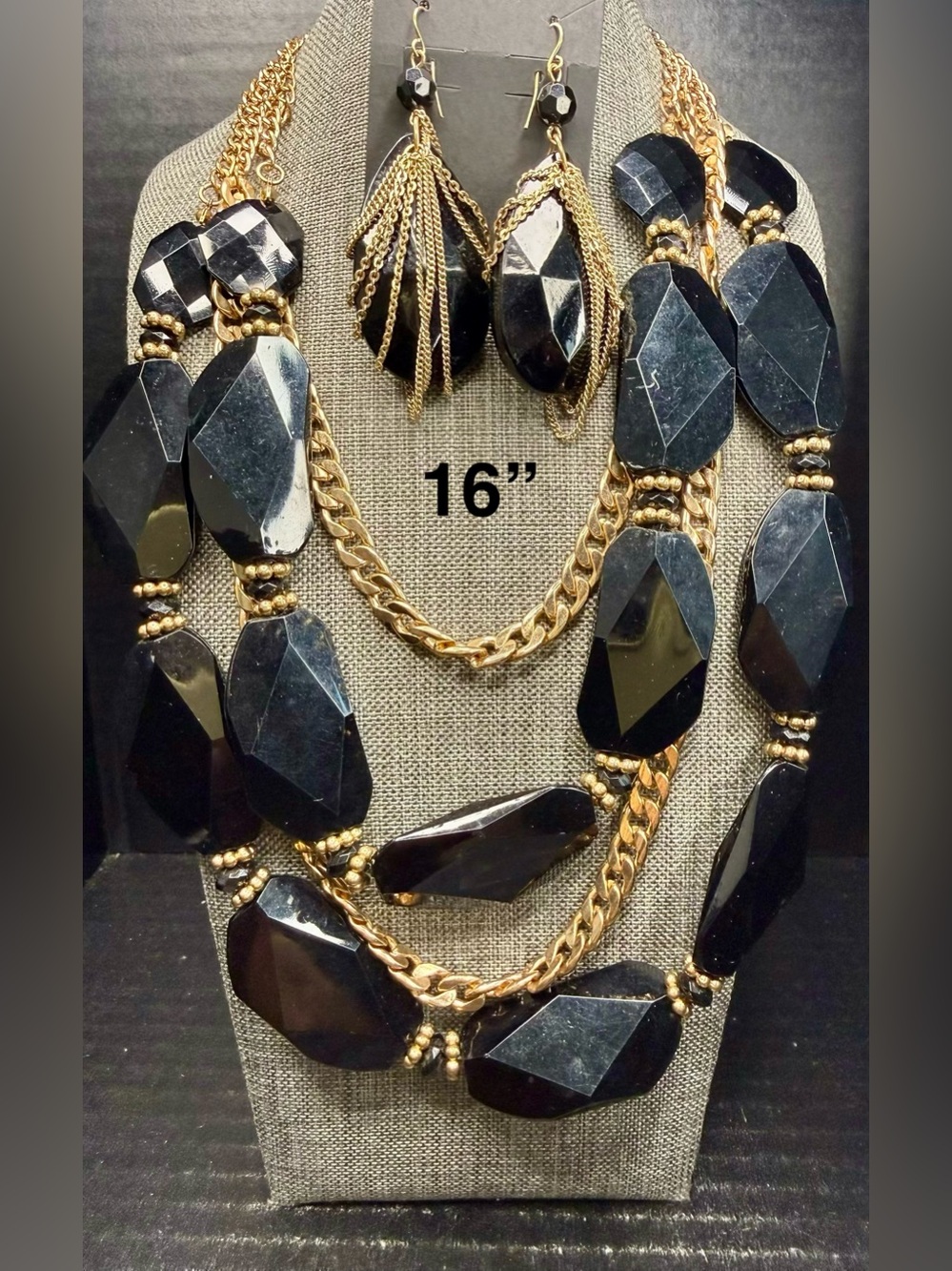 Elegant Black Faceted Stone Necklace & Earring Set - Gold Accents